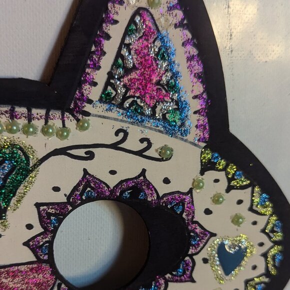 OOAK Sugar Skull Cat Halloween Wood Mask Muertos Artist Masquerade Costume DDLM - Picture 5 of 13